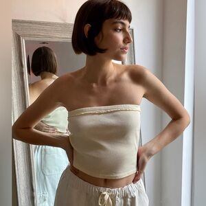 Project Social T Lace Trimmed Cropped Tube Top, Cream, size M